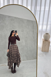 Kemerli Volan Detaylı Ekose Asimetrik Kesim Etek SY-3647-Kahverengi