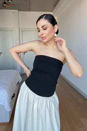 Beyaz Poplin Üstü Siyah Straplez Uzun Elbise SY-3019-Siyah