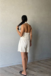 Ekru Gipeli Çizgili Şortlu Takım SY-2327-Ekru Çizgili