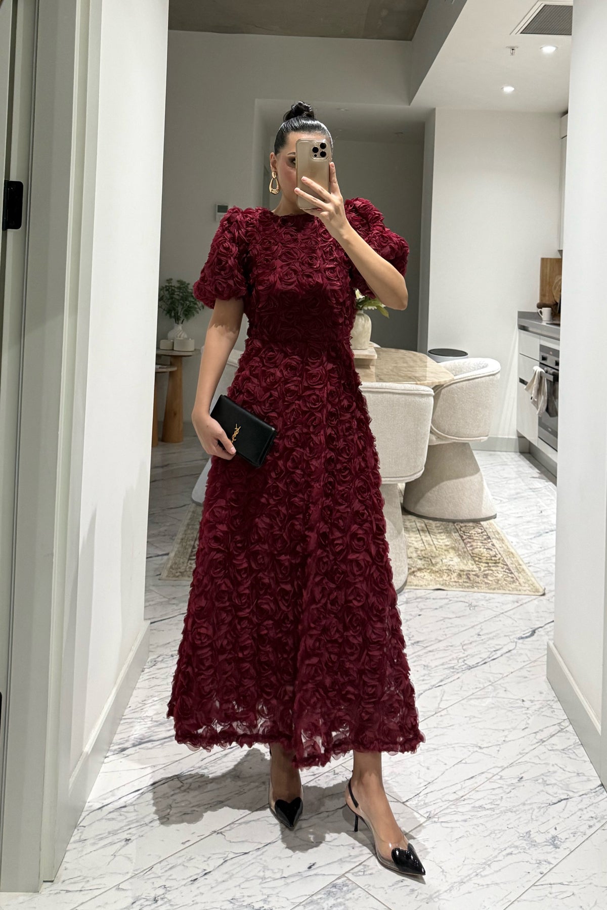 Gül Detaylı Bordo Rosella Özel Tasarım Elbise SY-3519-Bordo