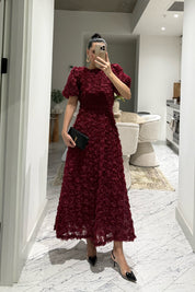 Gül Detaylı Bordo Rosella Özel Tasarım Elbise SY-3519-Bordo