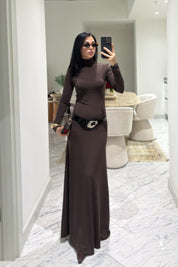 Kahve Kemer Detaylı Maxi Basic Elbise SY-3618-Kahverengi