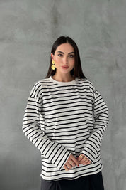 Beyaz Siyah Çizgili Bisiklet Yaka Uzun Kol T-shirt SY-2938-Siyah