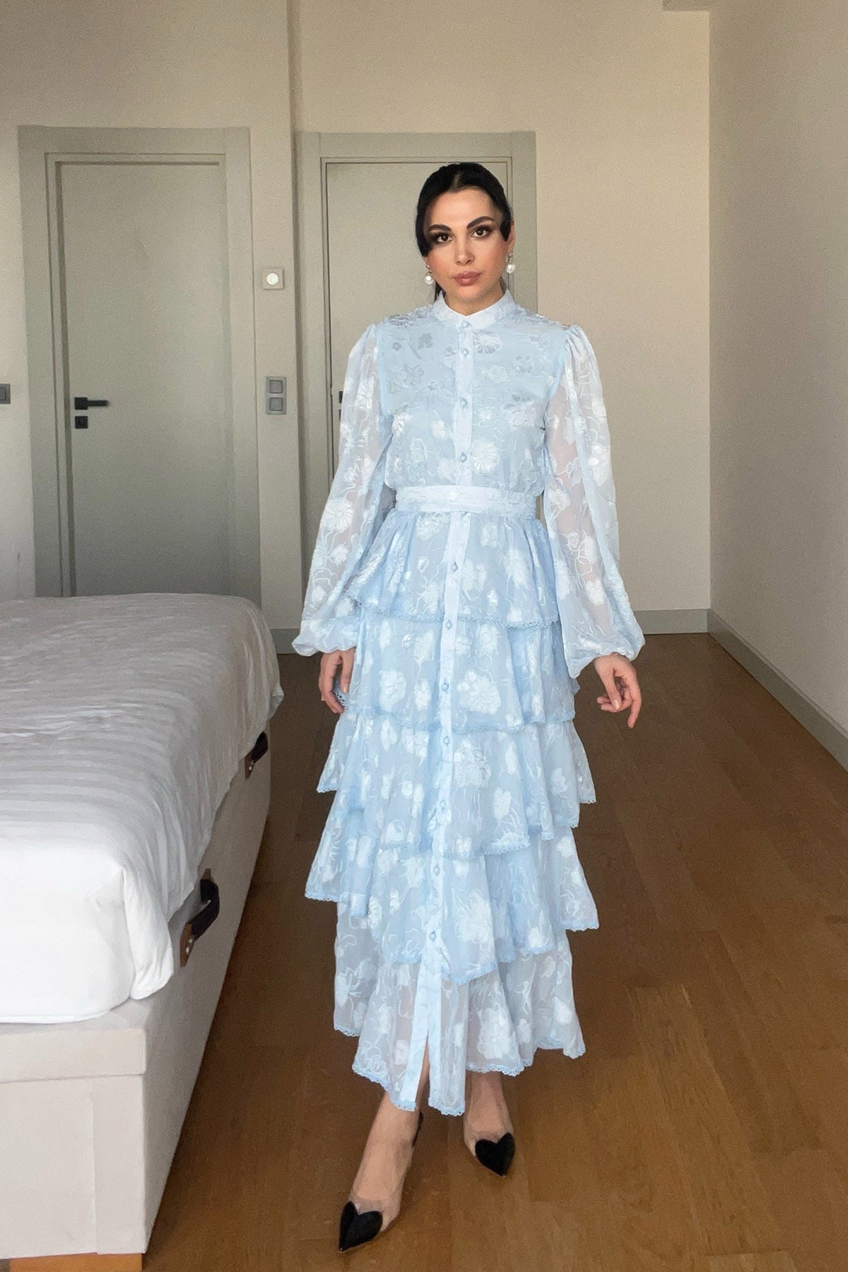 Bebe Mavisi Valonlu Şerit Detaylı Kat Kat Elbise SY-1747-Bebe Mavisi