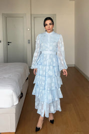 Bebe Mavisi Valonlu Şerit Detaylı Kat Kat Elbise SY-1747-Bebe Mavisi