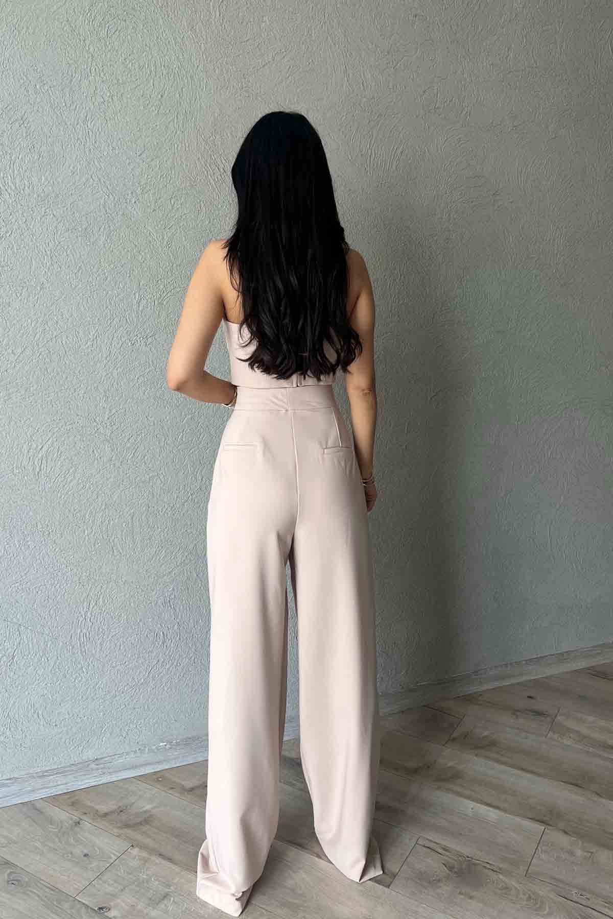 Bej Çift Pile Detaylı Palazzo Pantolon SY-2028-Bej