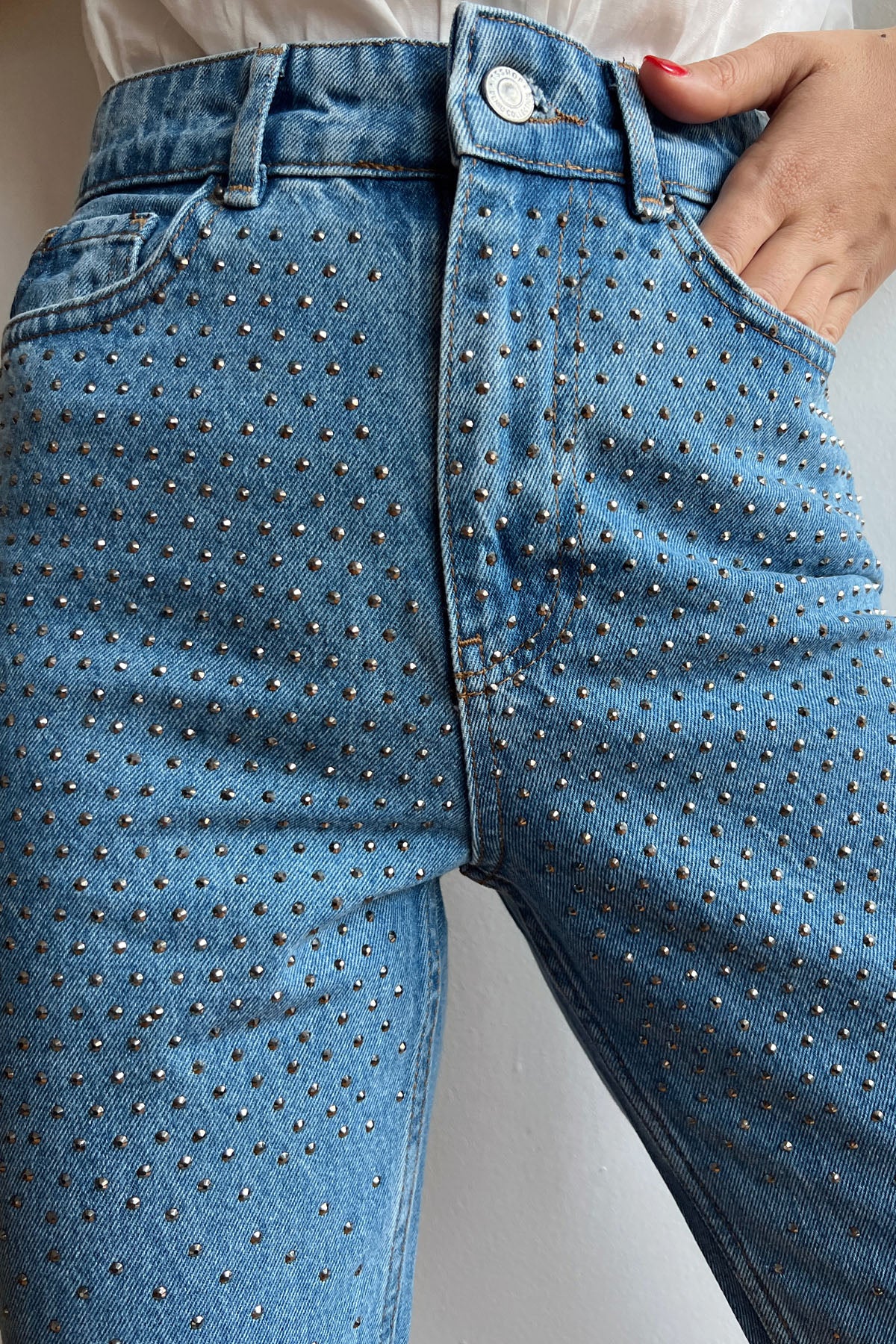 Koyu Mavi Taşlı Yüksek Bel Mom Fit Jean SY-0004-Koyu Mavi