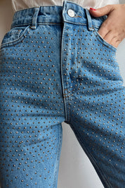 Koyu Mavi Taşlı Yüksek Bel Mom Fit Jean SY-0004-Koyu Mavi
