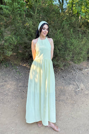 Sarı Arkası Gipeli Boyundan Bağlamalı Elbise SY-3236-Sarı