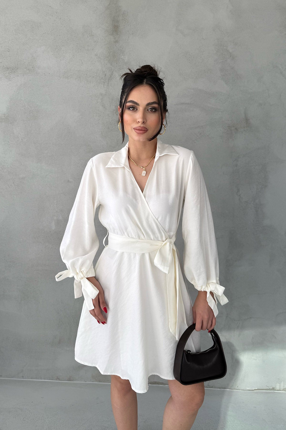 Ekru Kruvaze Kapamalı Kuşaklı Elbise SY-3100-Ekru