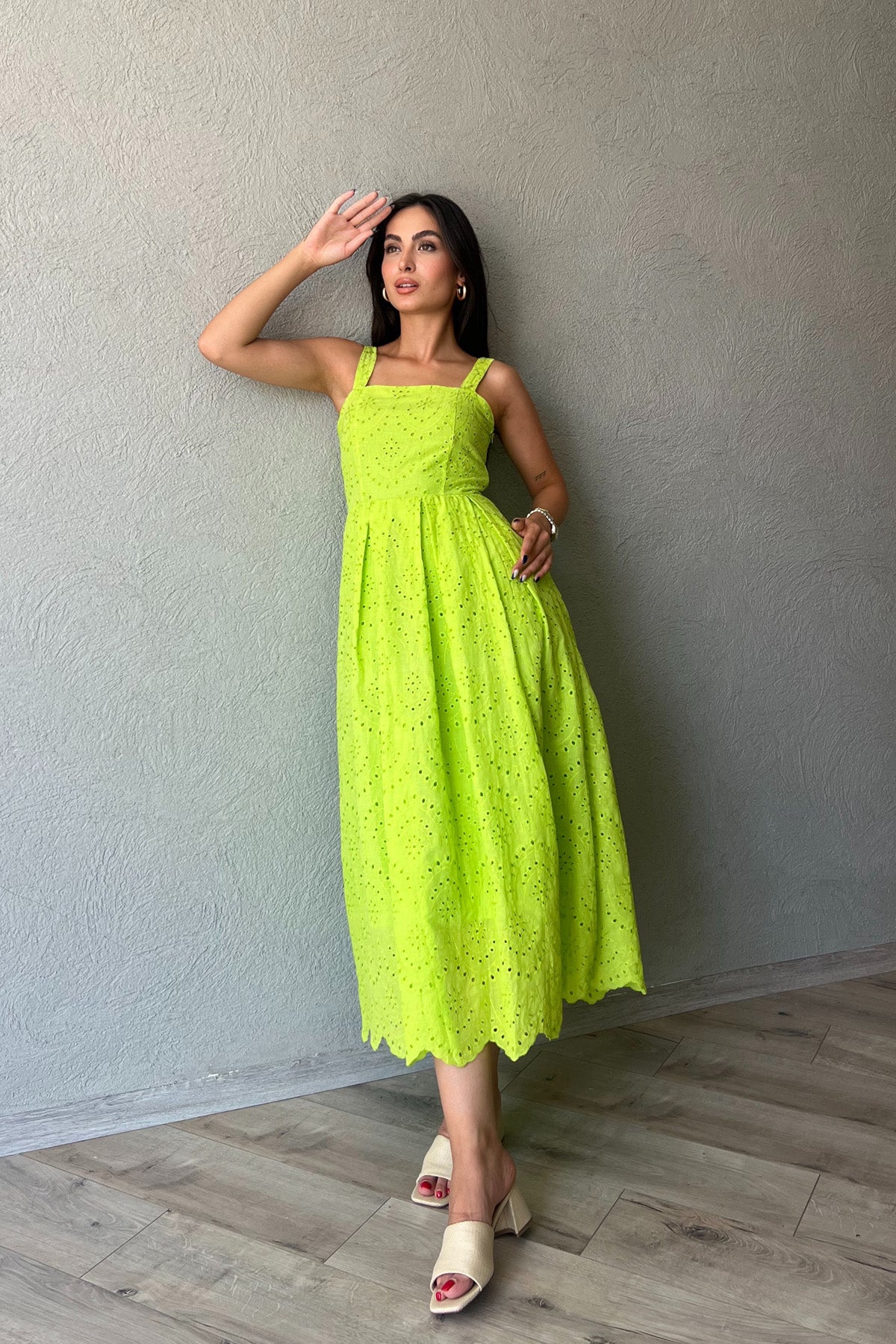 Yağ Yeşil Askı Aparat Detaylı Brode Elbise SY-2036-Yağ Yeşil