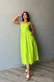 Yağ Yeşil Askı Aparat Detaylı Brode Elbise SY-2036-Yağ Yeşil