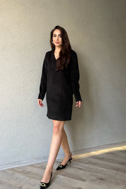 Siyah V Yaka Vatkalı Kaşe Elbise SY-1254-Siyah