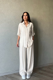 Bej Tensel Kısa Kol Gömlek Pantolon Keten Takım SY-2077-Bej