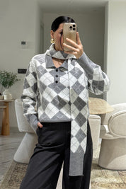 Kendinden Şallı Baklava Desenli Polo Yaka Triko SY-3563-Gri