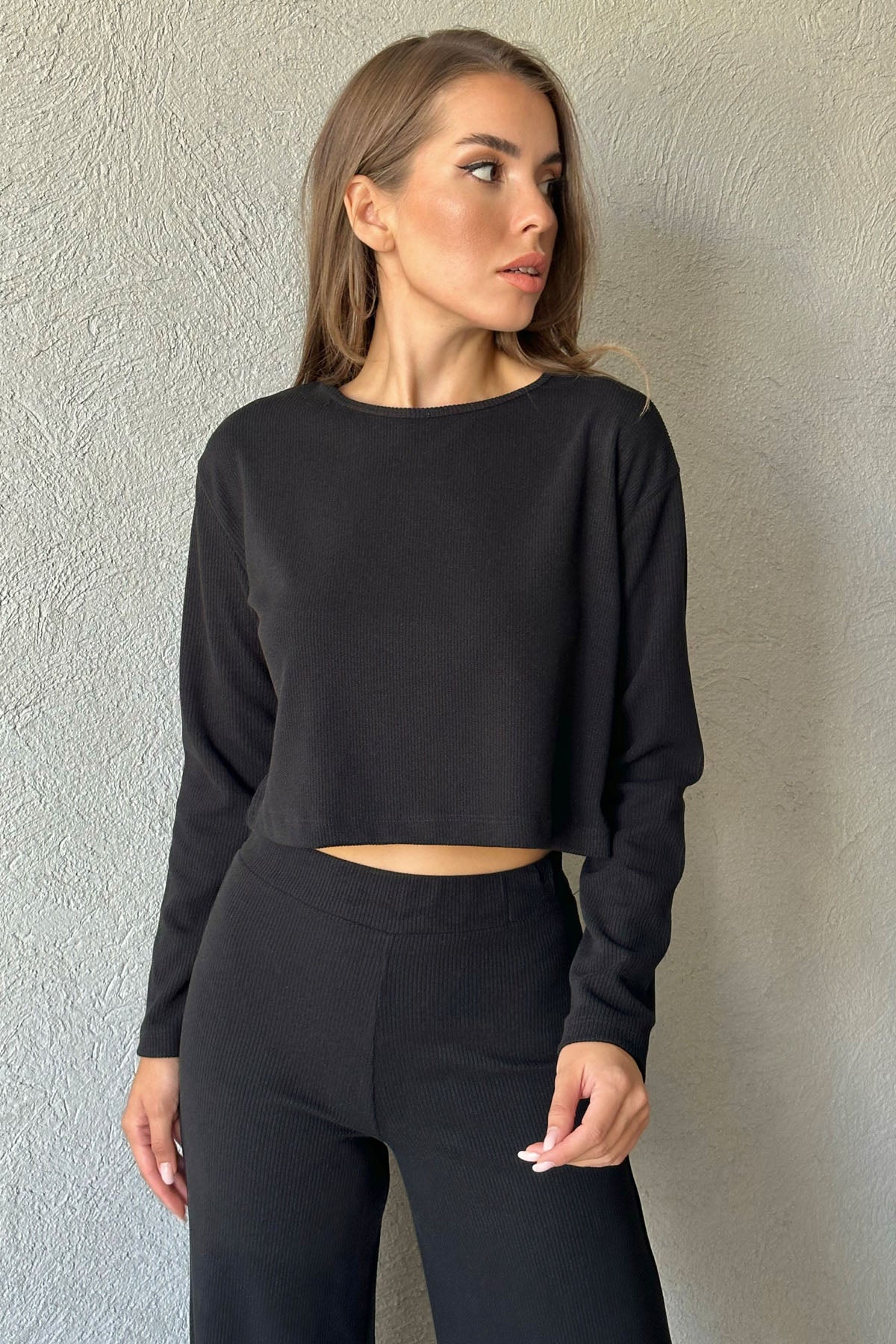 Siyah Fitilli Beli Lastikli Pantolon Ve Bluz Takım SY-1076-Siyah