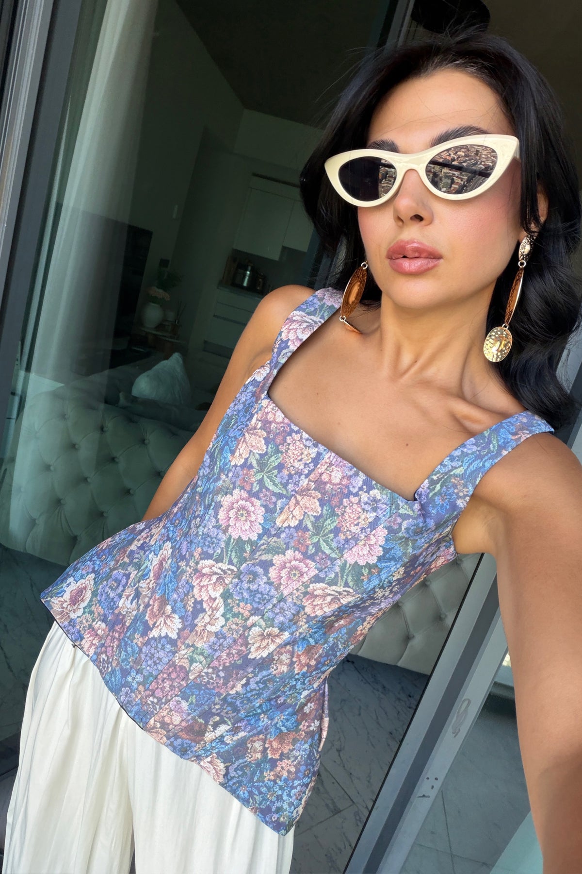 Flora Çiçek Desenli Vintage Korse Bluz SY-3820-Mavi