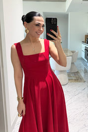 Kırmızı Kare Yaka Füsun Prenses Elbise SY-3649-Kırmızı