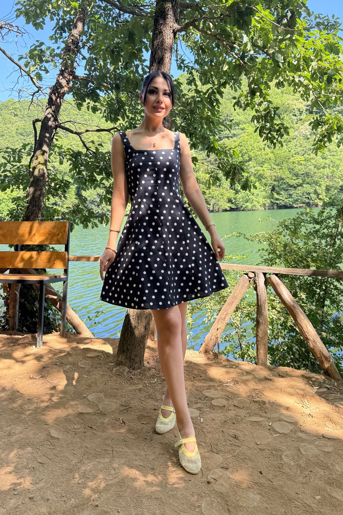 Siyah Kalın Askılı Puantiyeli Mini Elbise SY-3243-Siyah