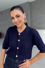 Lacivert Saç Örgülü Gold Düğme Detaylı Triko Hırka SY-2518-Lacivert