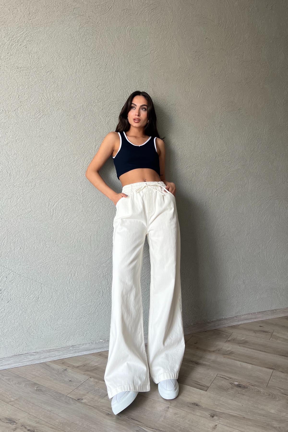 Ekru Beli Lastik Detaylı Gabardin Bol Paça Pantolon SY-1916-Bej