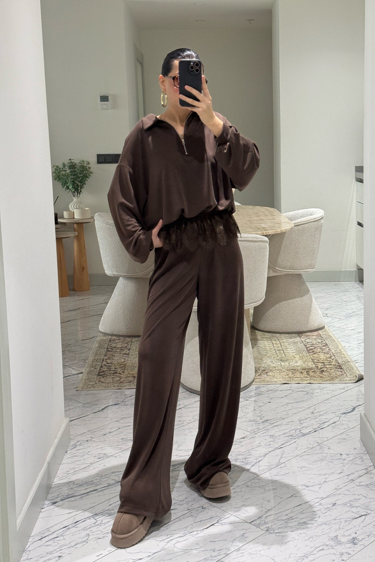 Kahverengi Dantel Detaylı Eşofman10Takım SY-3627-Kahverengi