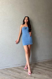 Mavi Straplez Gül Broş Detaylı Denim Elbise SY-1900-Mavi