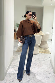 Zr Flare Koyu Lacivert Kemerli Jean SY-3614-Mavi