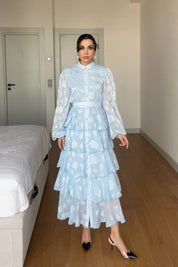 Bebe Mavisi Valonlu Şerit Detaylı Kat Kat Elbise SY-1747-Bebe Mavisi