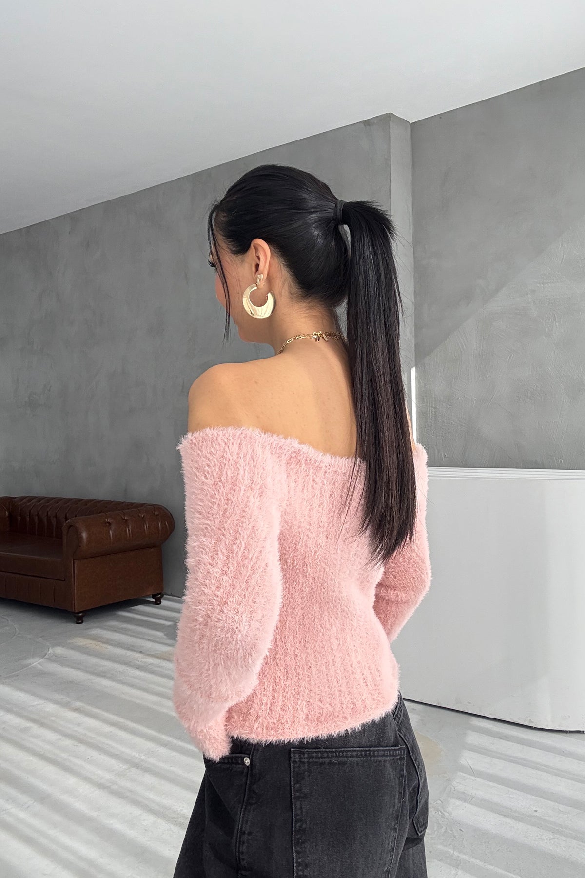 Pembe Sakallı Kayık Yaka Triko Kazak SYM-3426-Pembe