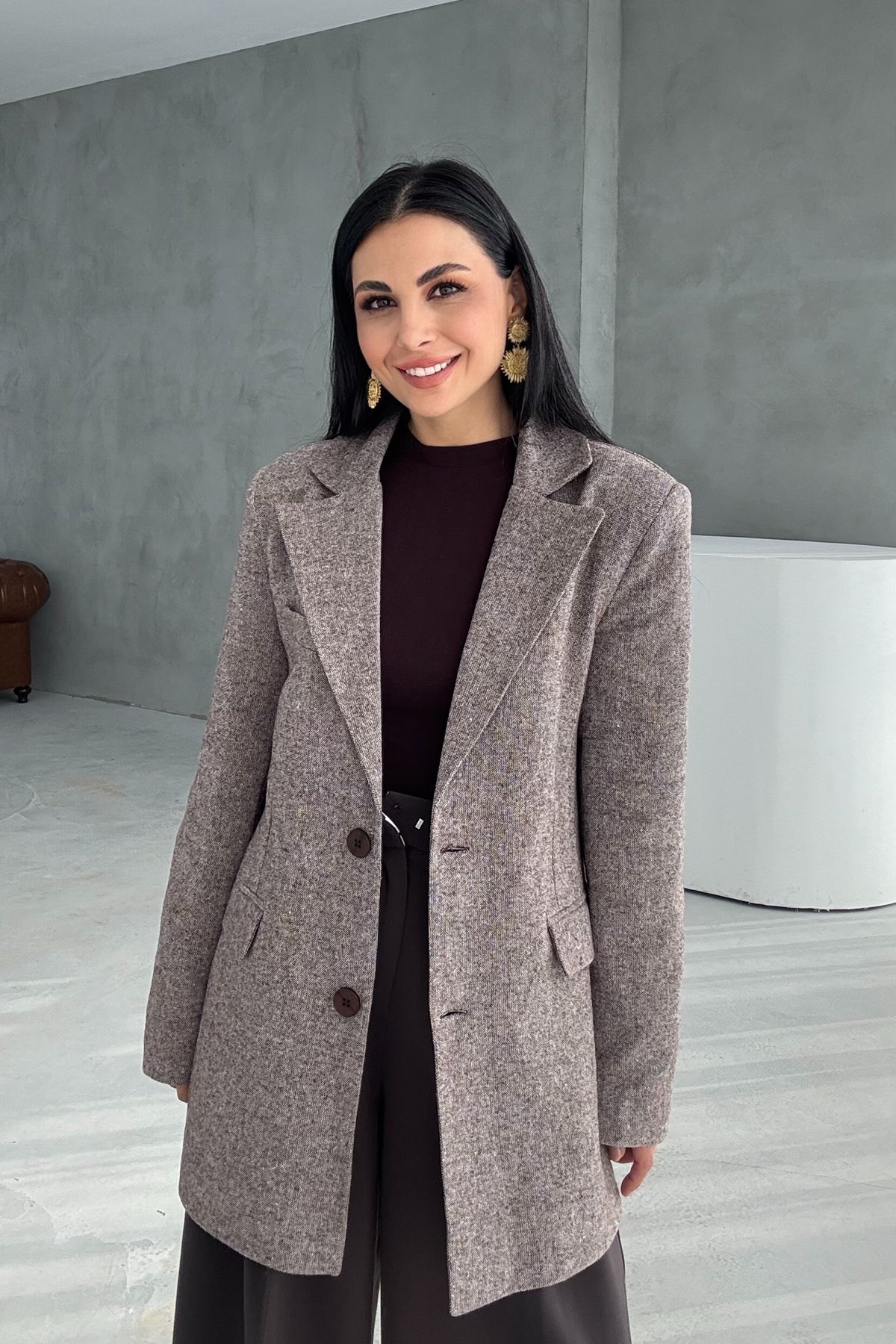 Vizon Kemerli Çift Düğmeli Oversize Ceket SY-3391-Vizon