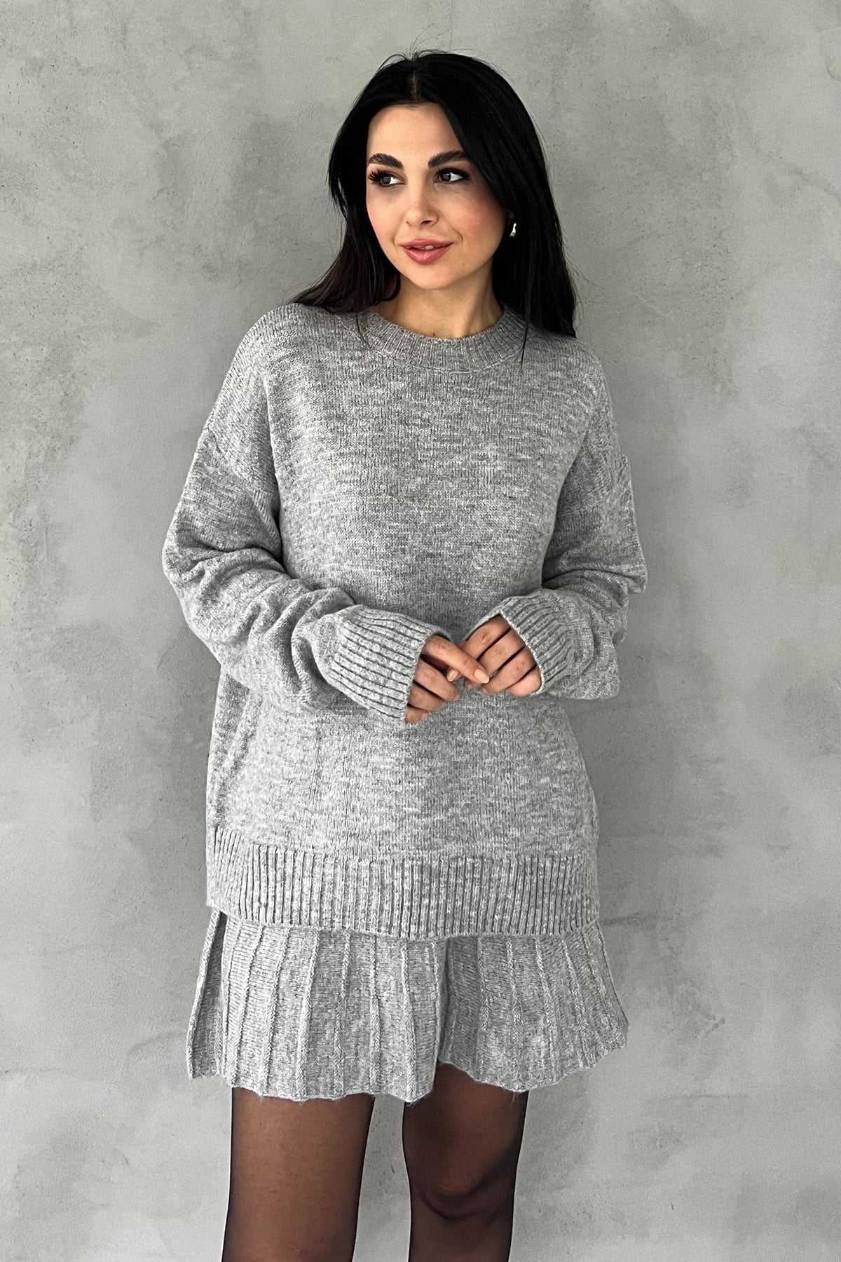 Gri Triko Mini Etek Kazak Takım SY-2749-Gri