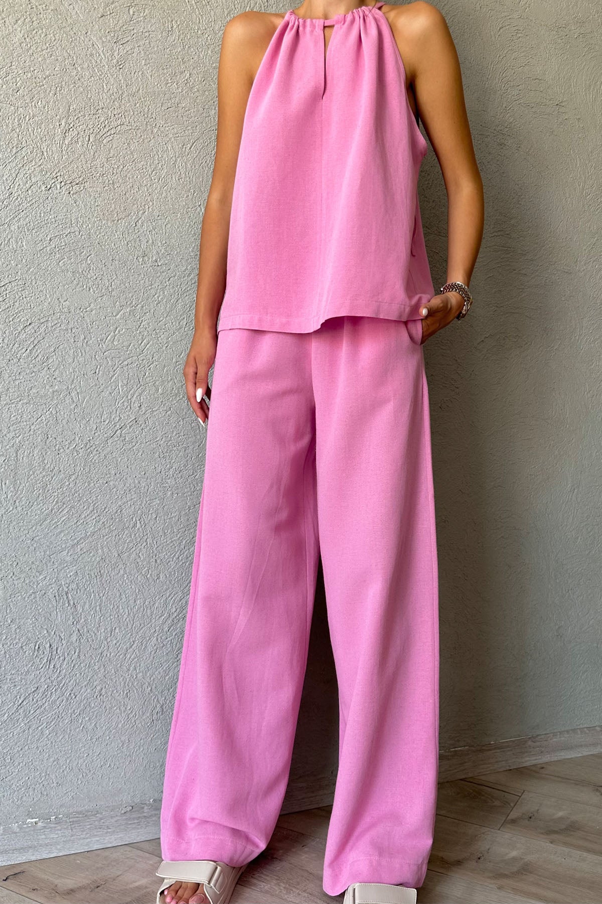 Pembe Keten Boyundan Bağlamalı Bluz ve Beli Lastikli Pantolon Takım SY-0758-Pembe