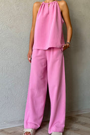 Pembe Keten Boyundan Bağlamalı Bluz ve Beli Lastikli Pantolon Takım SY-0758-Pembe