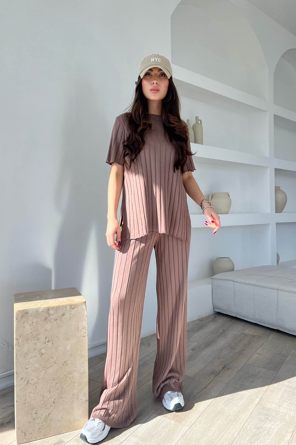 Vizon Fitilli  Kısa Kol ve Pantolon Triko Takım SY-1703-Vizon