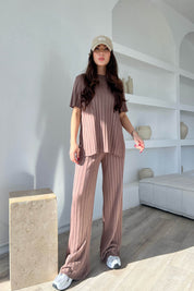 Vizon Fitilli  Kısa Kol ve Pantolon Triko Takım SY-1703-Vizon