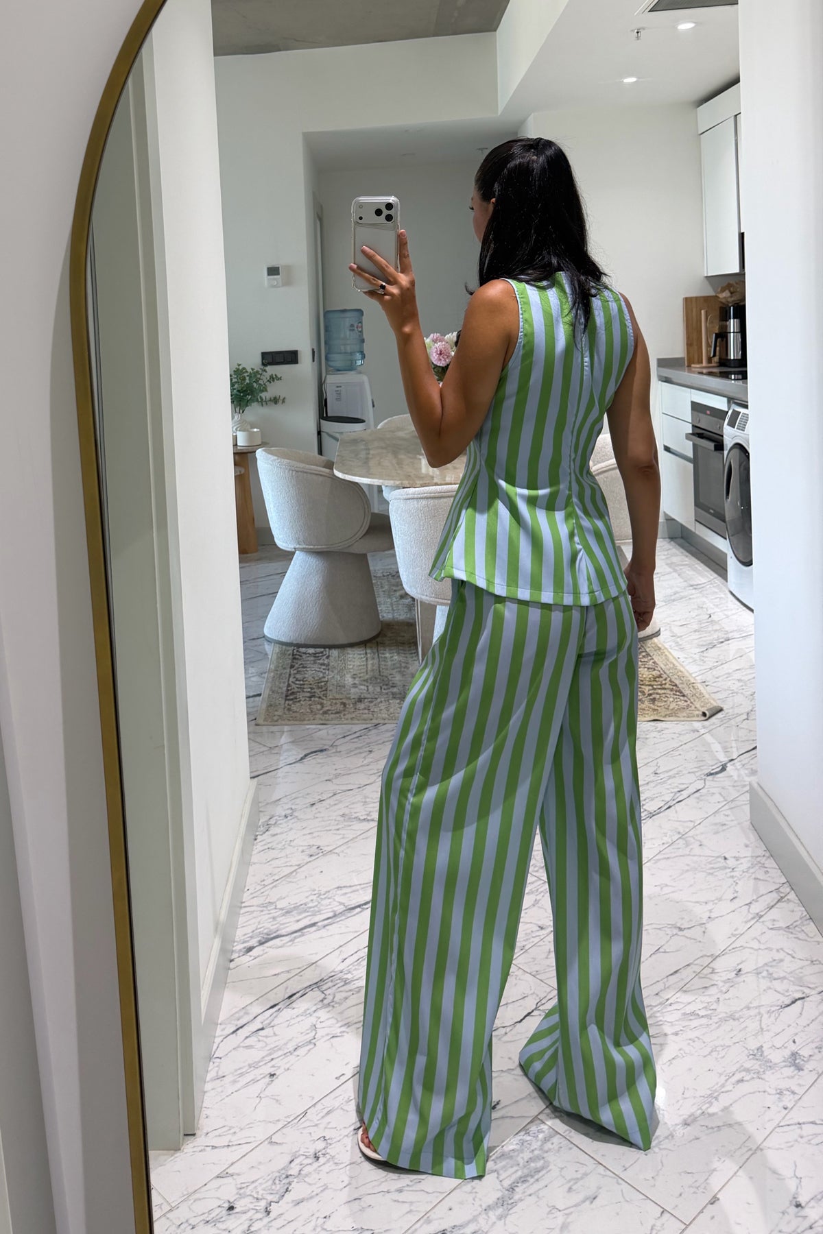Yeşil Mavi Çizgili Peplum Bluz Pantolon Takım SY-3790-Yeşil