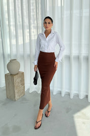 Kahve Arkası Yırtmaçlı Kalem Etek SY-2776-Kahve