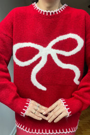 Kırmızı Önü Fiyonk Detaylı  Triko Kazak SY-2842-Kırmızı