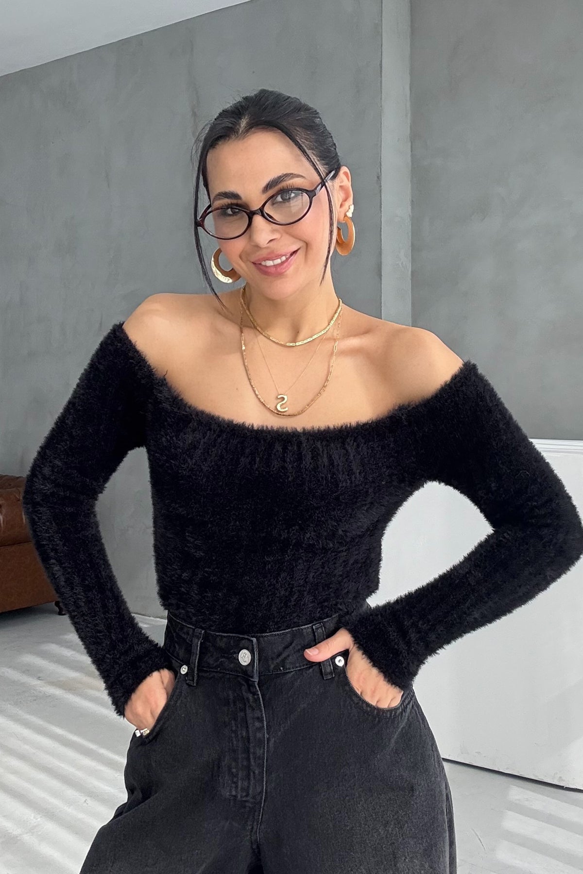 Siyah Sakallı Kayık Yaka Triko Kazak SYM-3426-Siyah