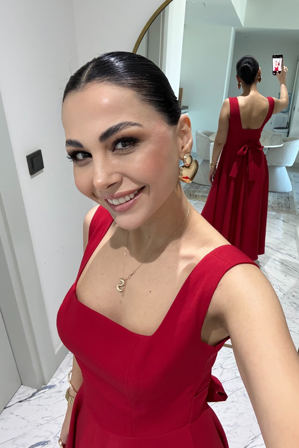 Kırmızı Kare Yaka Füsun Prenses Elbise SY-3649-Kırmızı