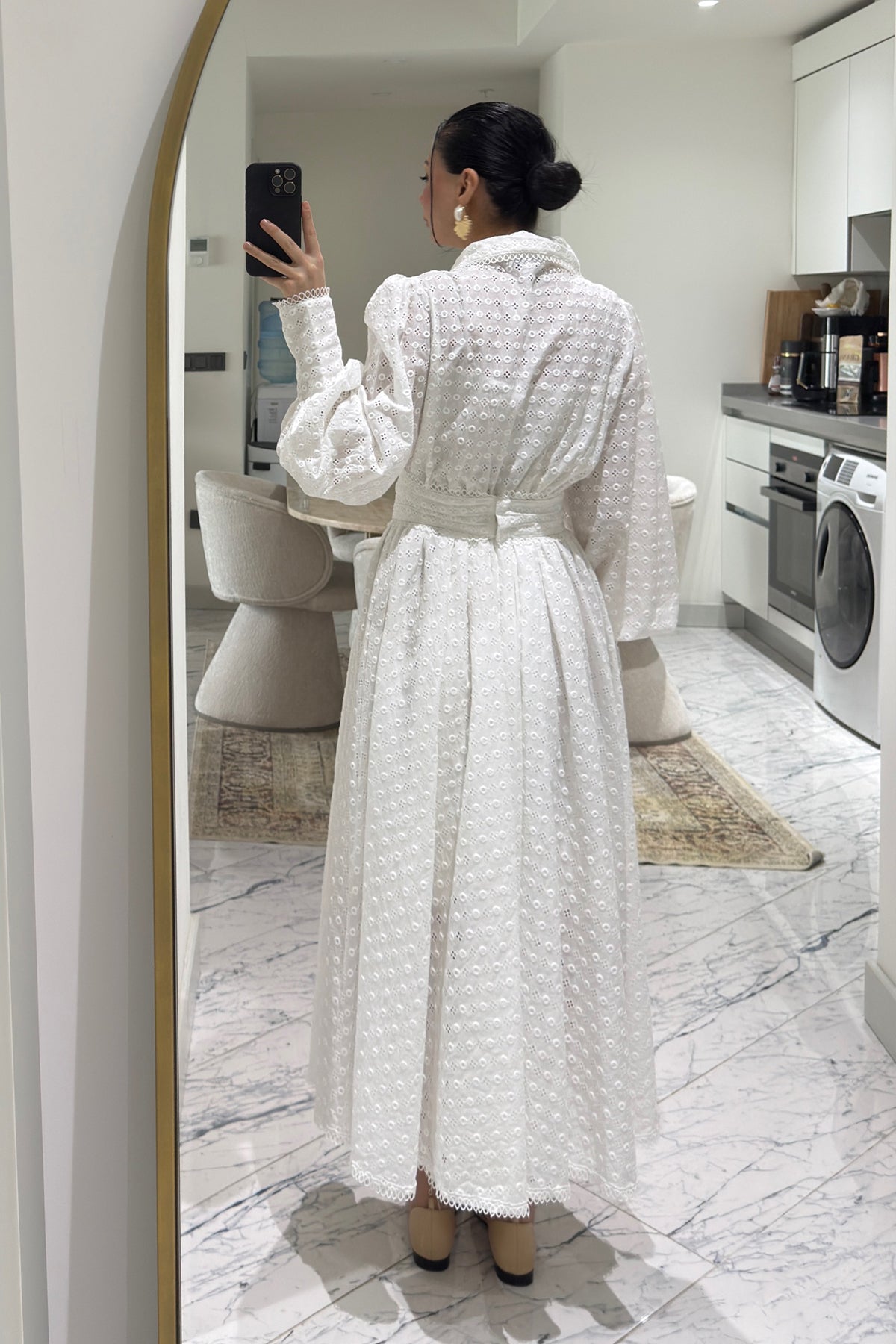 Dantel Motifli Midi Brode Elbise SY-3630-Beyaz