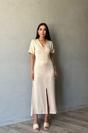 Bej Önü Yırtmaç Detaylı Saten Elbise SY-2251-Bej