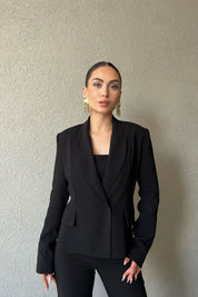 Siyah Kalın Askılı Büstiyer Kemerli Ceket ve Yüksek Bel Pantolon Takım SY-1286-Siyah