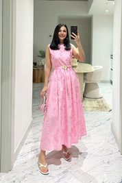 Santorini Çiçek Desenli Midi Elbise-Pembe SY-3661-Pembe