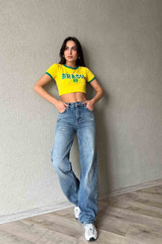 Mavi Eskitme Point Yırtık Detaylı Wide Leg Jean SY-2002-Mavi