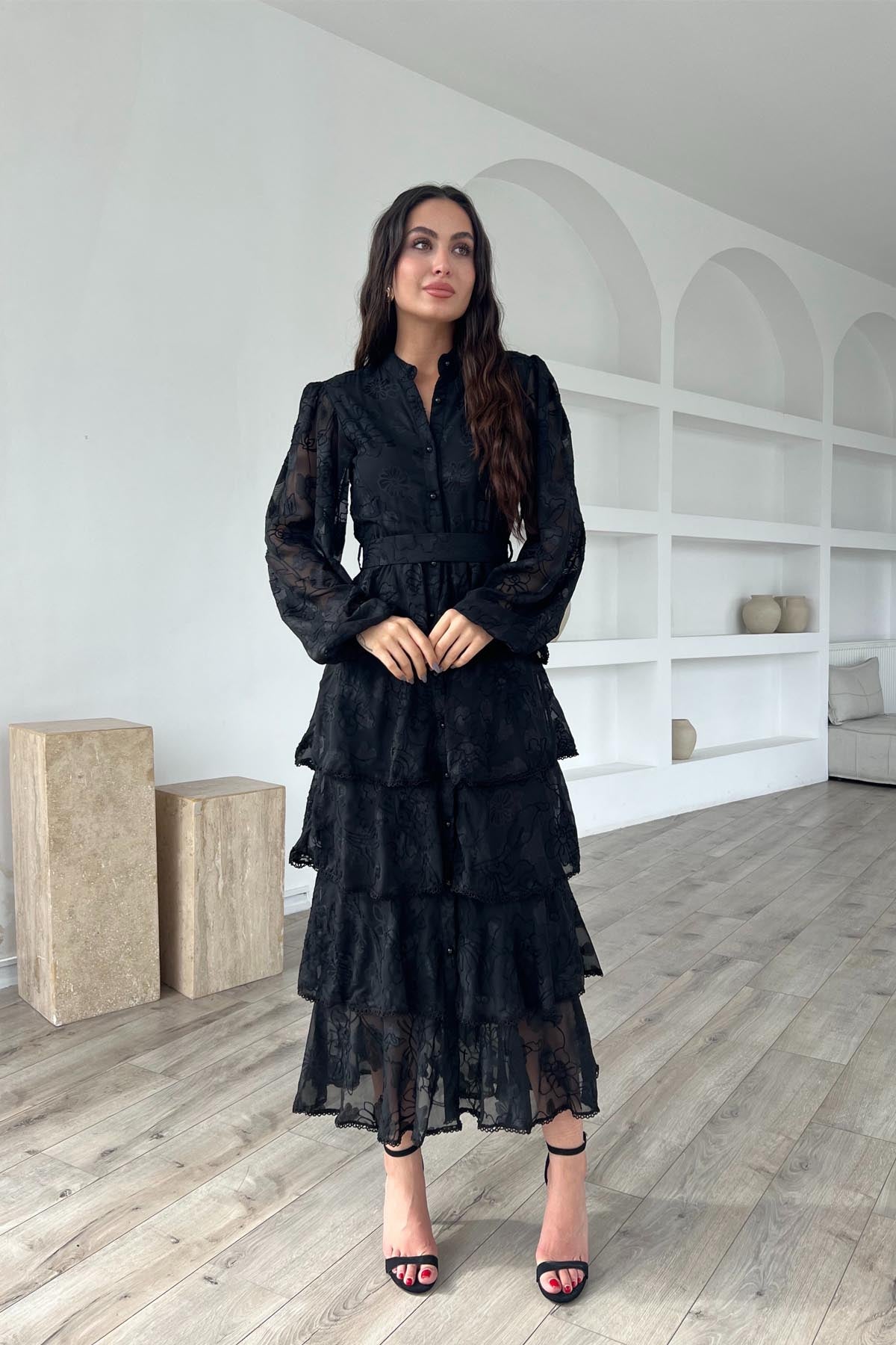 Siyah Valonlu Şerit Detaylı Kat Kat Elbise SY-1747-Siyah