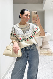 Ekru Nakış İşlemeli Kısa Kollu Triko SY-3552-Ekru