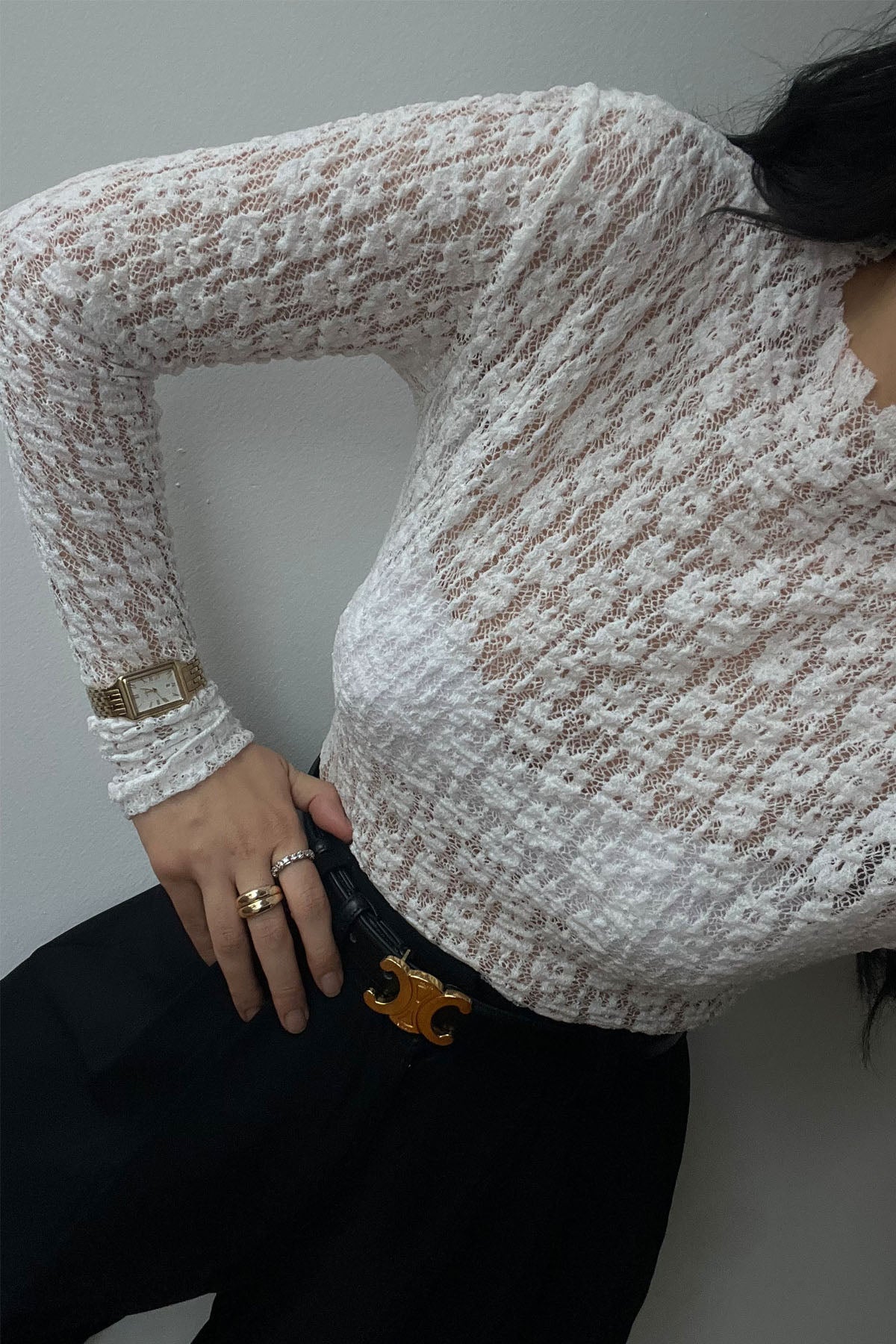 Slim Fit Uzun Kollu Dik Yaka Beyaz Transparan Dantel Bluz SY-2995-Beyaz