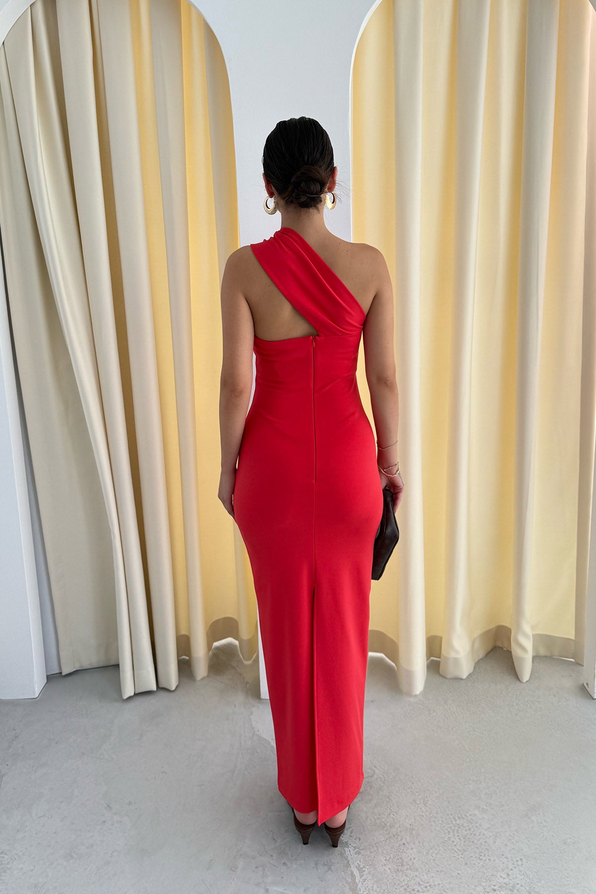 Kırmızı Tek Omuz Midi Boy Elbise SY-3296-Kırmızı